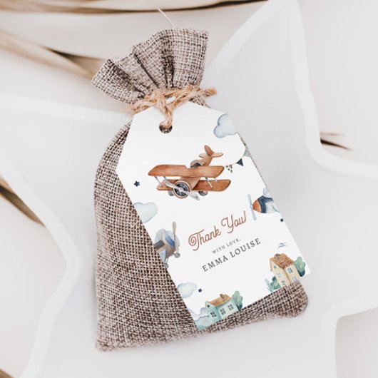 アップ&遠くに、ヴィンテージ水彩飛行機の赤ちゃんシャワー ギフトタグ