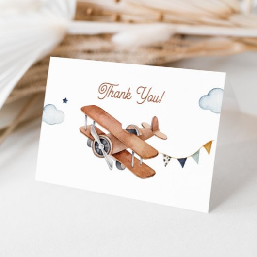 アップ&遠くに、ヴィンテージ水彩飛行機の赤ちゃんシャワー サンキューカード