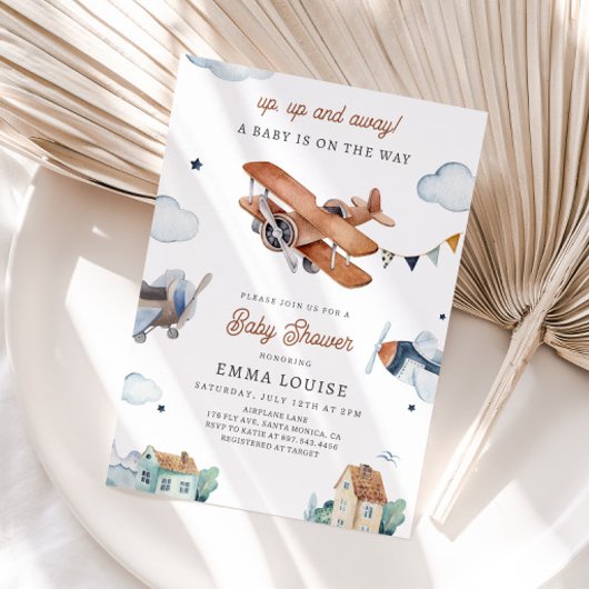 アップ&遠くに、ヴィンテージ水彩飛行機の赤ちゃんシャワー 招待状