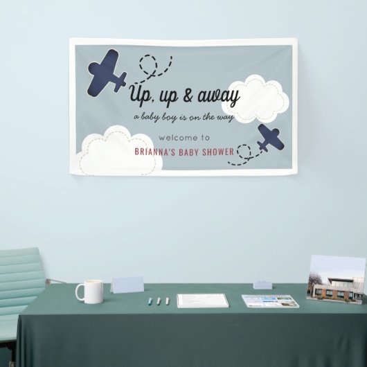 アップ&飛行機ブルー遠くにボーイベビーシャワーへようこそ 横断幕 (トレードショー)