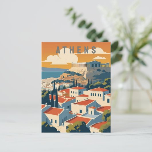 アテネギリシャアクロポリスアットサンセットレトロトラベルアート ポストカード (スタンド正面)