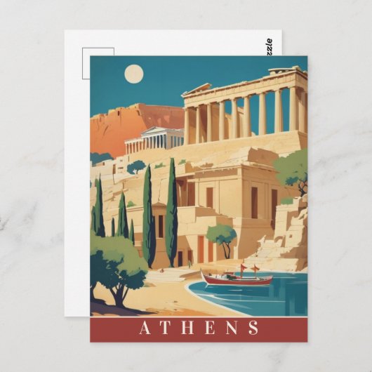 アテネギリシャアクロポリスレトロヴィンテージトラベルアート ポストカード (正面/裏面)
