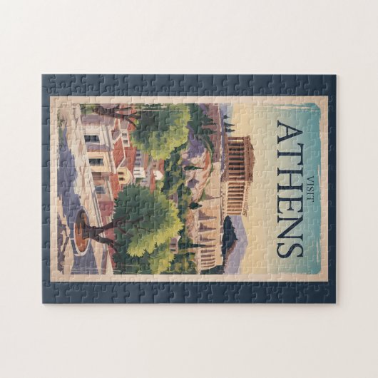 アテネギリシャイラストレーショントラベルアートヴィンテージ ジグソーパズル (横)