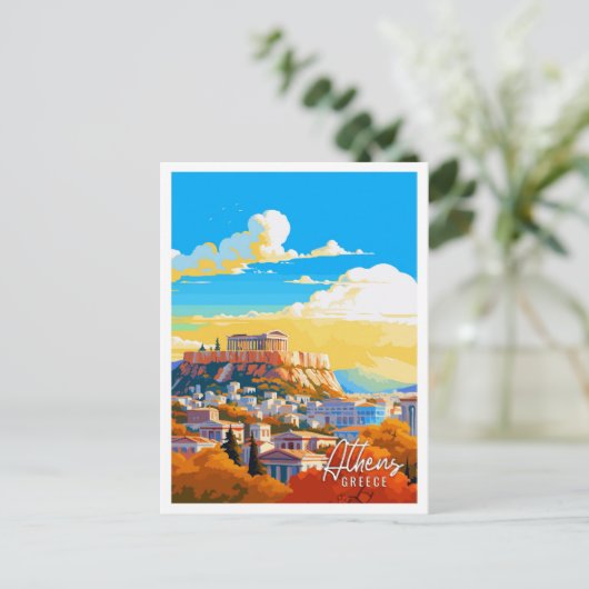 アテネギリシャヴィンテージアート旅行イラストレーション ポストカード (スタンド正面)