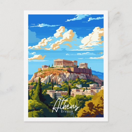 アテネギリシャヴィンテージ旅行イラストレーション ポストカード (正面)