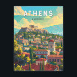 アテネギリシャ旅行アートヴィンテージ ポストカード<br><div class="desc">アテネのレトロベクトル旅行デザイン。現在も紀元前5世紀のランドマークが多く、アクロポリスや丘の上に立つ丘の上の城塞には古代の建物が並ぶパルテノン神殿が建ち並んでいる。</div>