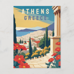 アテネギリシャ赤い花と旅行アート ポストカード