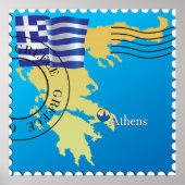 アテネGreece Travel Stampギリシャ国旗と地図 ポスター (正面)