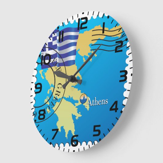 アテネGreece Travel Stampギリシャ国旗と地図 ラージ壁時計 (傾斜)
