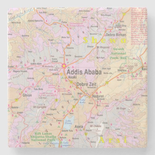 アディスアベバとエチオピア中央部のヴィンテージ地図 ストーンコースター (正面)