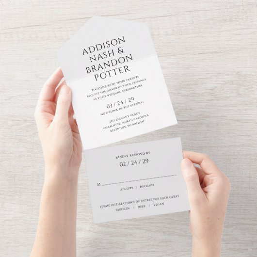 アディソン白黒グレイクラシックエレガントウェディング オールインワン招待状 (貼ってはがせる)