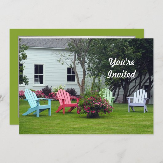 アディロカラフルンドバックチェアフローラフォト誕生日 招待状 (正面/裏面)