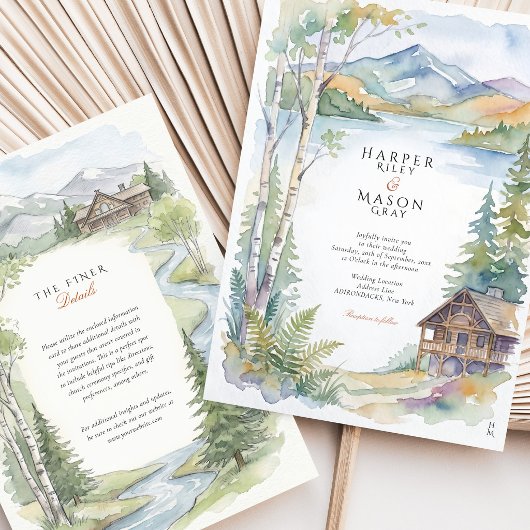 アディロンダック山脈の湖の水彩画 森の結婚式 招待状