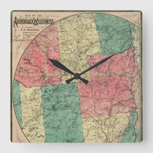 アディロンドダック原野のストダールの地図, 1883 スクエア壁時計 (正面)