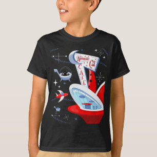 アトミックおもしろいキャットカフェレトロ未来的スペースポートM Tシャツ