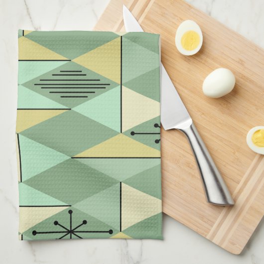 アトミックエイジアートダイアモンズミントグリーンイエロー キッチンタオル (四つ折り)