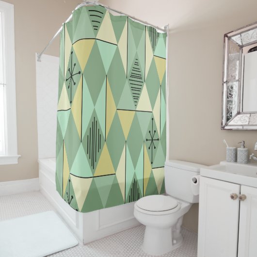 アトミックエイジアートダイアモンズミントグリーンイエロー シャワーカーテン (インサイチュ)