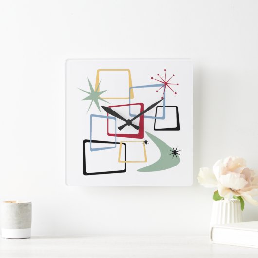 アトミックエイジスクウェアズブーメランスターバストミッドセンチュリー スクエア壁時計 (ホーム)