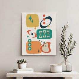 アトミックエイジミッドセンチュリー抽象芸術ティール（緑がかった色）オレンジイエロー キャンバスプリント