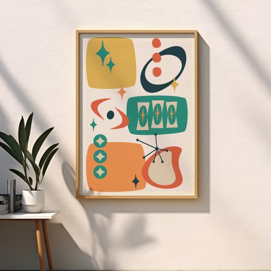 アトミックエイジミッドセンチュリー抽象芸術ティール(緑がかった色)オレンジイエロー ポスター