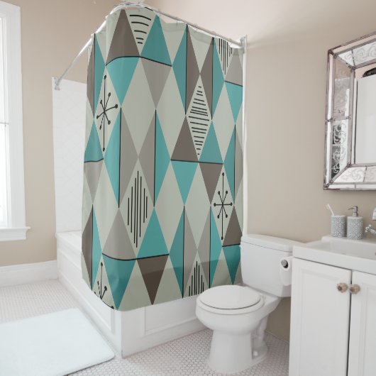 アトミックエージアートダイアモンズターコイズグレイ シャワーカーテン (インサイチュ)