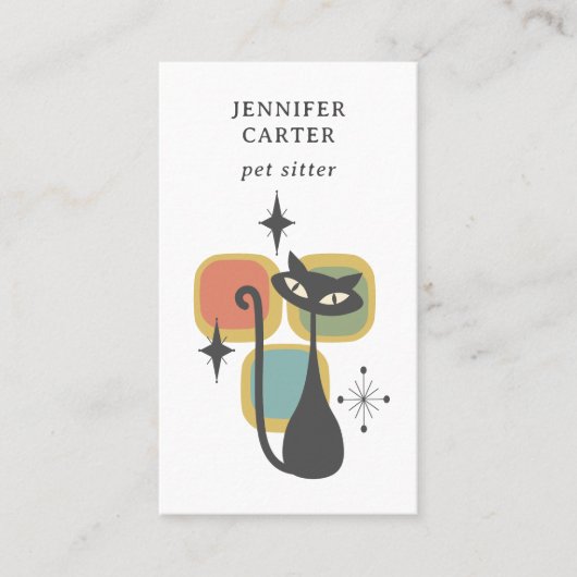 アトミックキャットミッドセンチュリースクウェアペットシッター黄色 名刺 (正面)