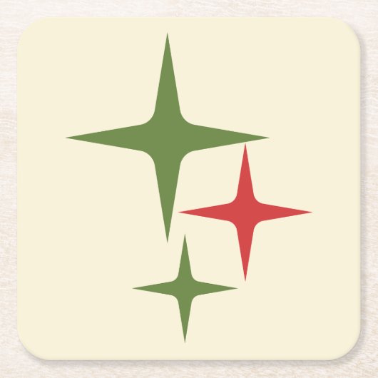 アトミックスターズミッドセンチュリーレトロクリスマスレッドグリーン スクエアペーパーコースター (正面)