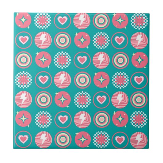 アトミックスターバストスパークルハートレトロブルーパターン タイル (正面)