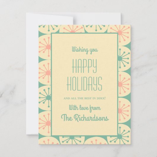 アトミックドット ミッドセンチュリー レトロ ヴィンテージ ホリデー シーズンカード (正面)