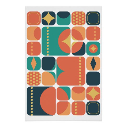 アトミックミッドセンチュリー抽象芸術炭、ティール(緑がかった色)、オレンジ ポスター (正面)