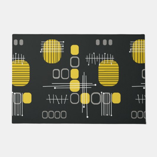 アトミック抽象芸術バーククロスブラックイエロー ドアマット (正面)