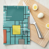 アトミック時代の抽象芸術ラインボックスターコイズ キッチンタオル (四つ折り)