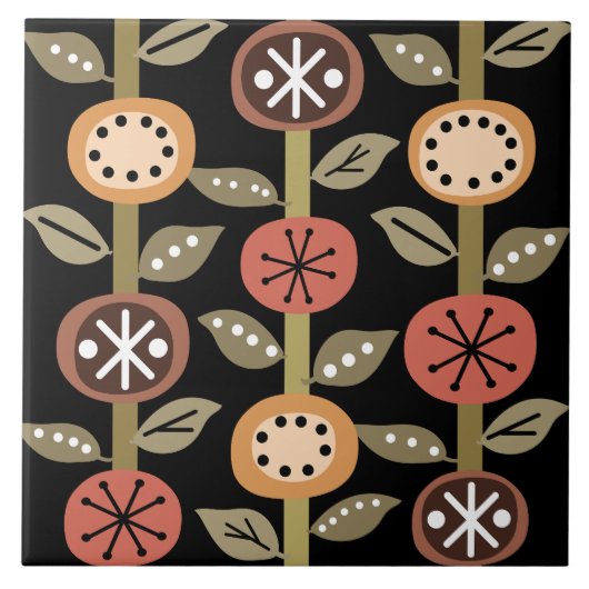 アトミック時代の花アートブラックカラフル タイル (正面)