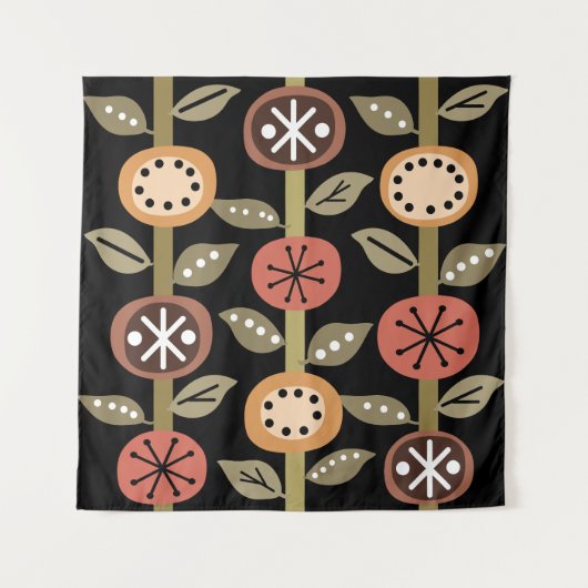 アトミック時代の花アートブラックカラフル タペストリー (正面)