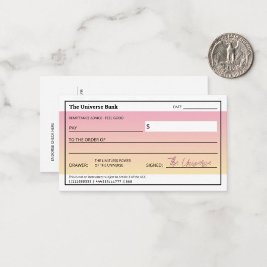 アトラクションの法則かわいいピンクのマニフェストマネーチェック ノートカード (正面/裏面インサイチュ)