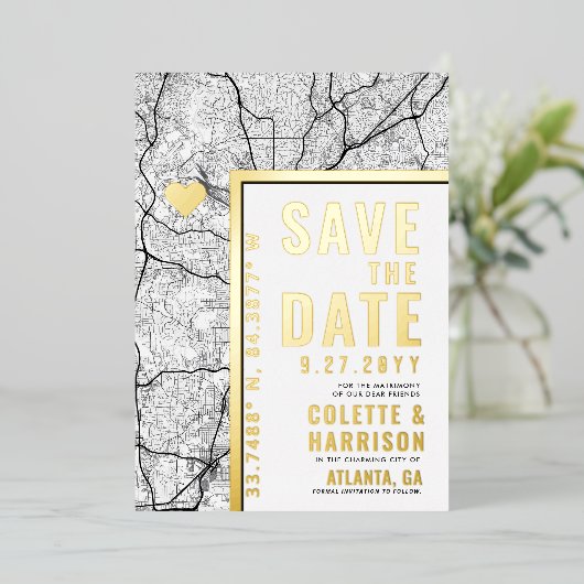 アトランタラブロケーター |結婚式の日付の保存 箔招待状 (立ち正面)