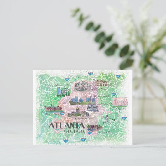 アトランタ・ジョージアUSA図解入りの、写真付きのの地図 ポストカード (スタンド正面)