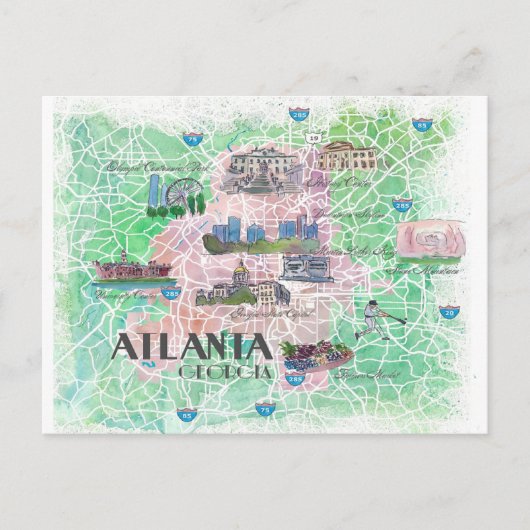 アトランタ・ジョージアUSA図解入りの、写真付きのの地図 ポストカード (正面)