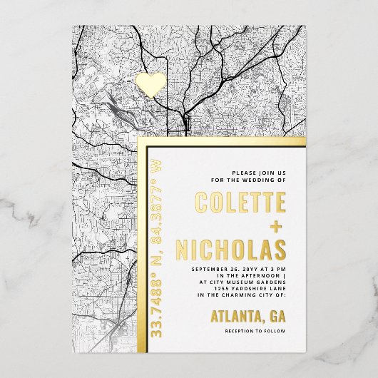 アトランタ・ラブ・ロケーター | 都市をテーマにしたウェディング 箔招待状 (正面)
