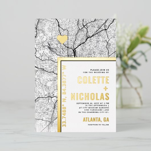 アトランタ・ラブ・ロケーター | 都市をテーマにしたウェディング 箔招待状 (立ち正面)