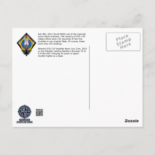 アトランティス宇宙シャトル「STS-135」最終飛行 ポストカード (裏面)