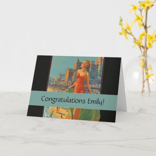 アトランティックシティビーチ美しいヴィンテージアートワーク カード (黄色い花)