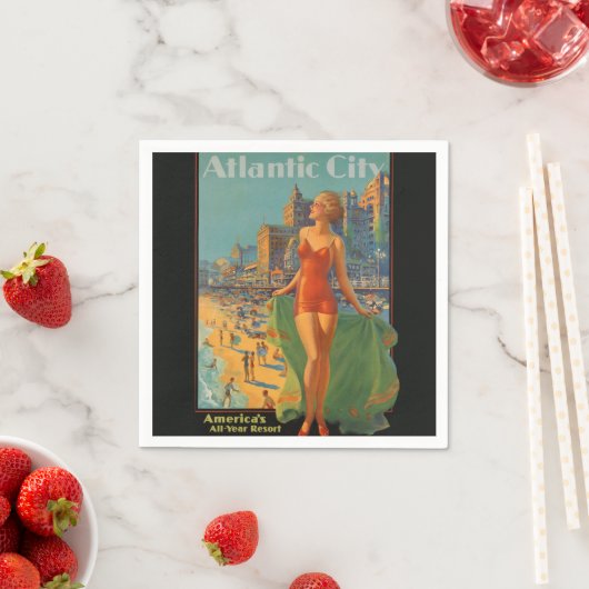 アトランティックシティビーチ美しいヴィンテージアートワーク スタンダードカクテルナプキン (インサイチュ)
