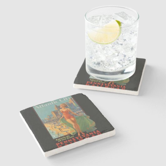 アトランティックシティビーチ美しいヴィンテージアートワーク ストーンコースター (横)