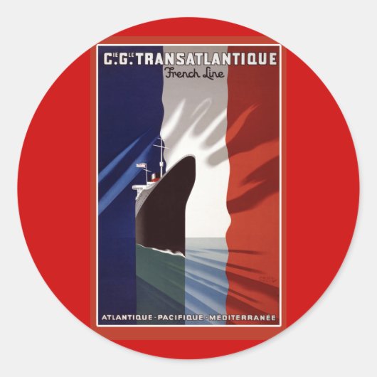 アトランティックフレンチクルーズラインレトロポスター ラウンドシール (正面)