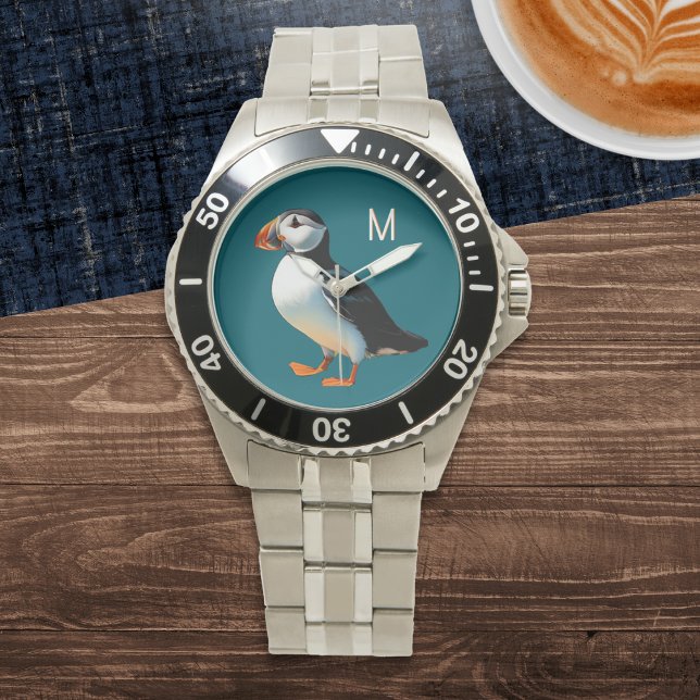 アトランティック・パフィン 海の生き物 モノグラム 腕時計 (A stylish monogrammed watch with Atlantic puffin picture on an ocean blue background)
