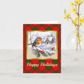 アドエアクレスト&タータンチェックとロビンのパーソナライズされたクリスマス カード (黄色い花)