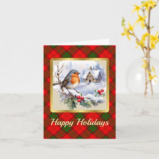 アドエアクレスト&タータンチェックとロビンのパーソナライズされたクリスマス カード (黄色い花)