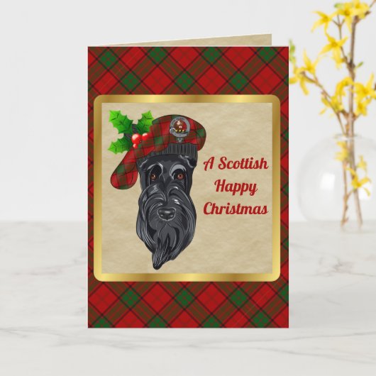 アドエアバッジとタータンチェックパーソナライズされたクリスマス カード (黄色い花)