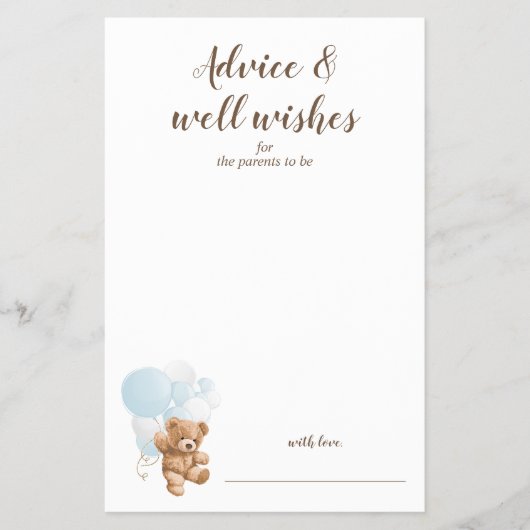 アドバイスとウィッシュブルーテディベア赤ちゃんシャワー チラシ (正面)